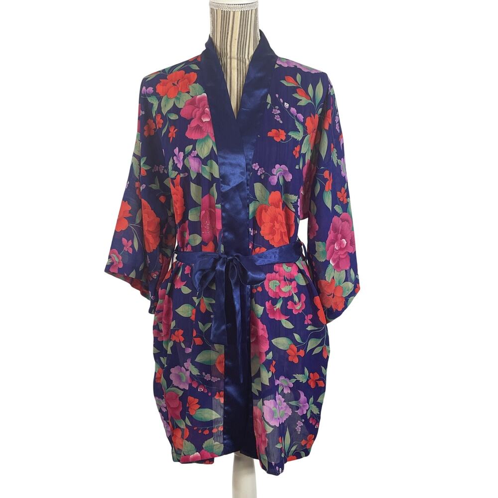 Victoria's Secret Vintage Blue Floral Semi Sheer Short Robe Kimono Size One